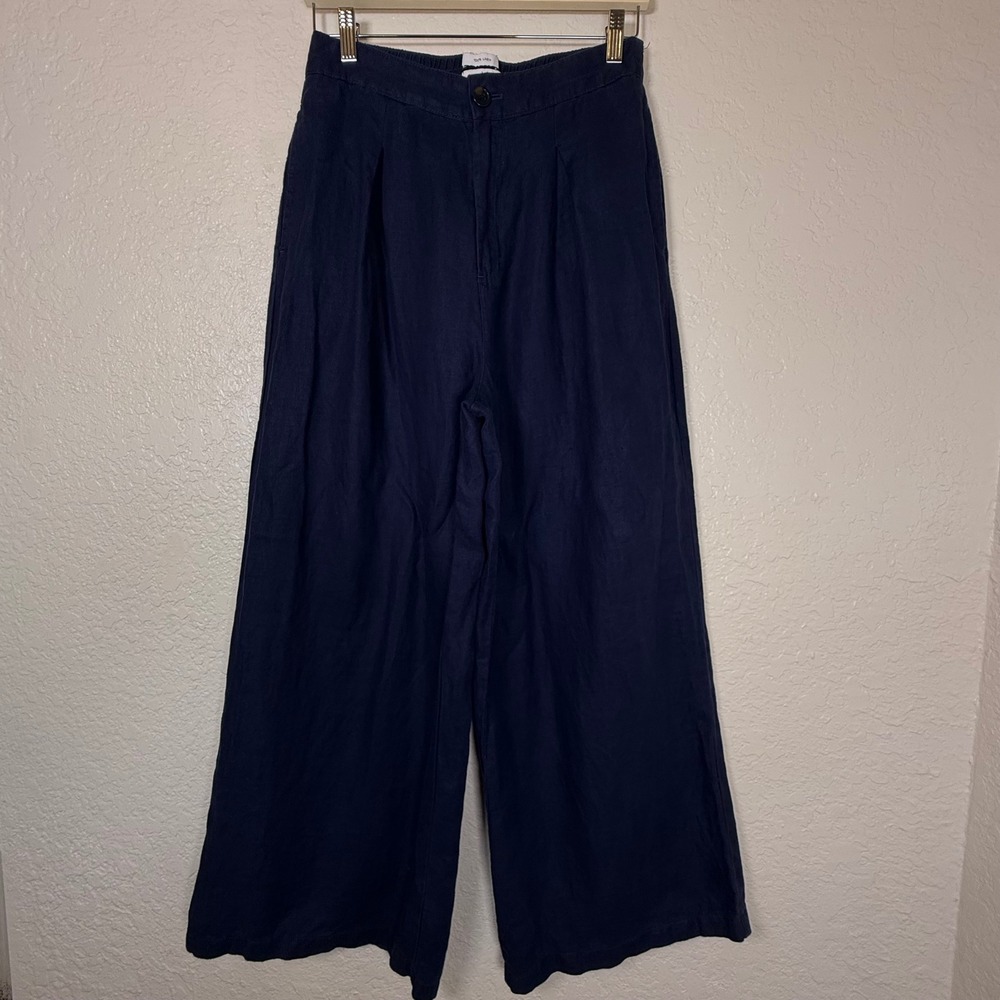 Wide Leg Pants Halston Womens 8 Navy Blue 100% Linen Pleated High Rise Trousers
